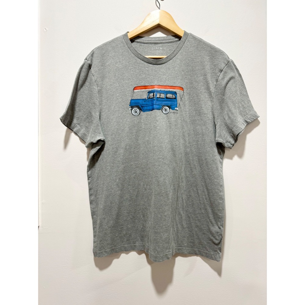 J.Crew Mens Graphic Tee Gray Heather Blue SUV Canoe Short Sleeve T-Shirt Large